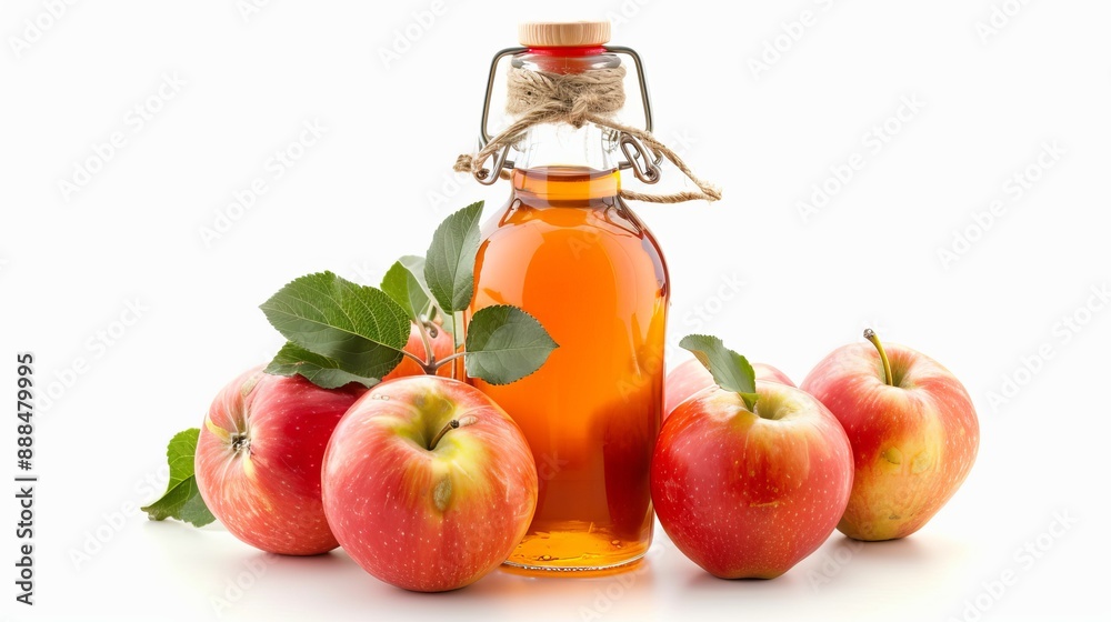 Glass bottle of apple vinegar with fresh apples isolated on a white background