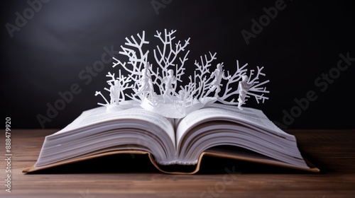An imaginative scene where prose comes to life, with characters and scenes emerging from the pages of an open book in a whimsical manner