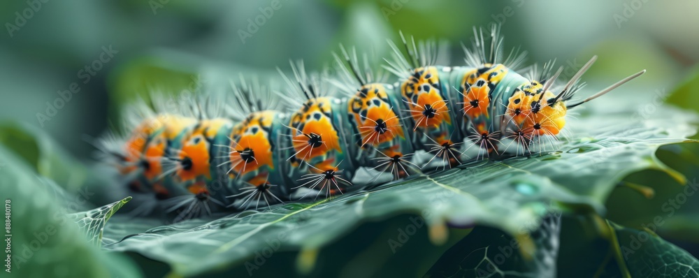A close-up of a caterpillar crawling on a leaf. A close-up of a caterpillar crawling on a leaf.