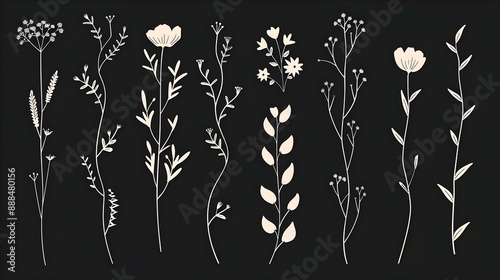 Vector set of botanical illustrations in minimal line style
