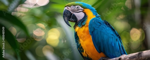 A close-up of a colorful macaw perched on a branch.