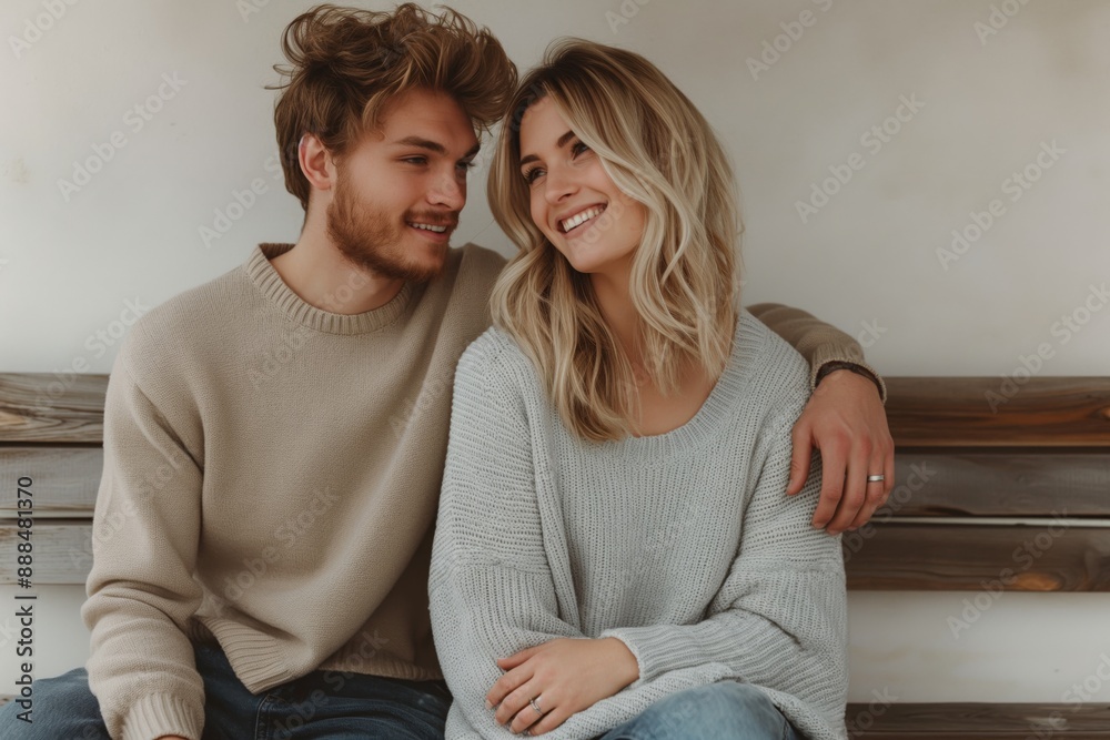 Smiling couple sitting on wooden bench, young love concept Smiling couple sitting on wooden bench, young love concept