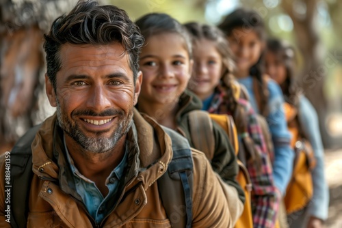  A cheerful man with salt-and-pepper hair and a rugged jacket leads a group of happy children on a nature hike