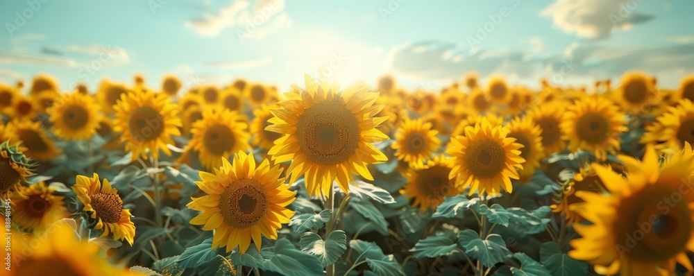 Obraz premium A sunflower field under a clear, blue summer sky.