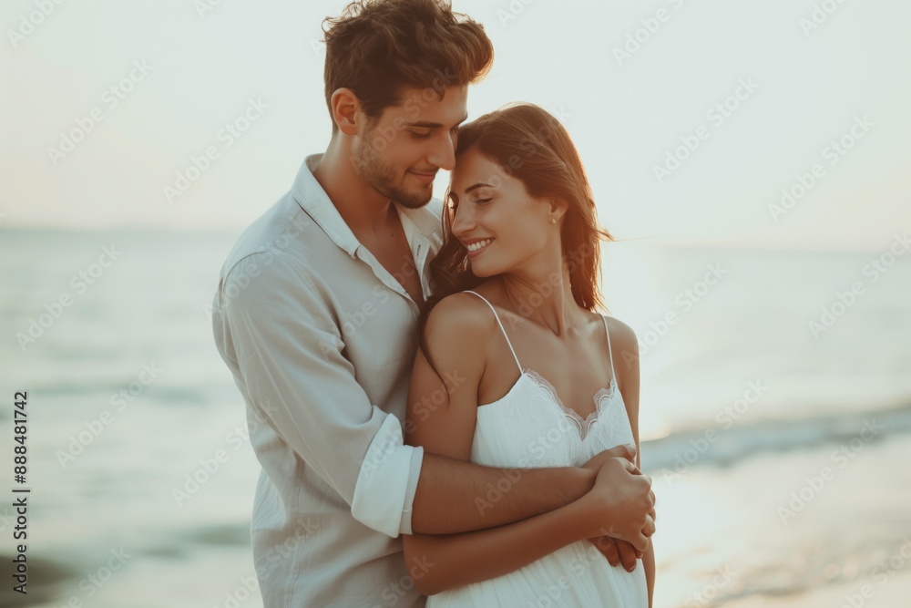 Romantic couple embracing on beach at sunset, love concept Romantic couple embracing on beach at sunset, love concept