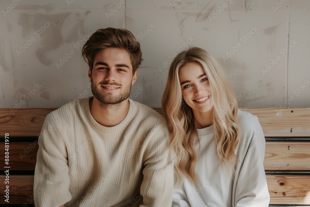 Smiling young couple in cozy sweaters, sitting on wooden bench, casual fashion concept Smiling young couple in cozy sweaters, sitting on wooden bench, casual fashion concept