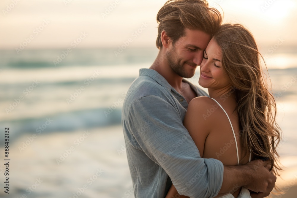 Romantic couple embracing on beach during sunset, love concept Romantic couple embracing on beach during sunset, love concept