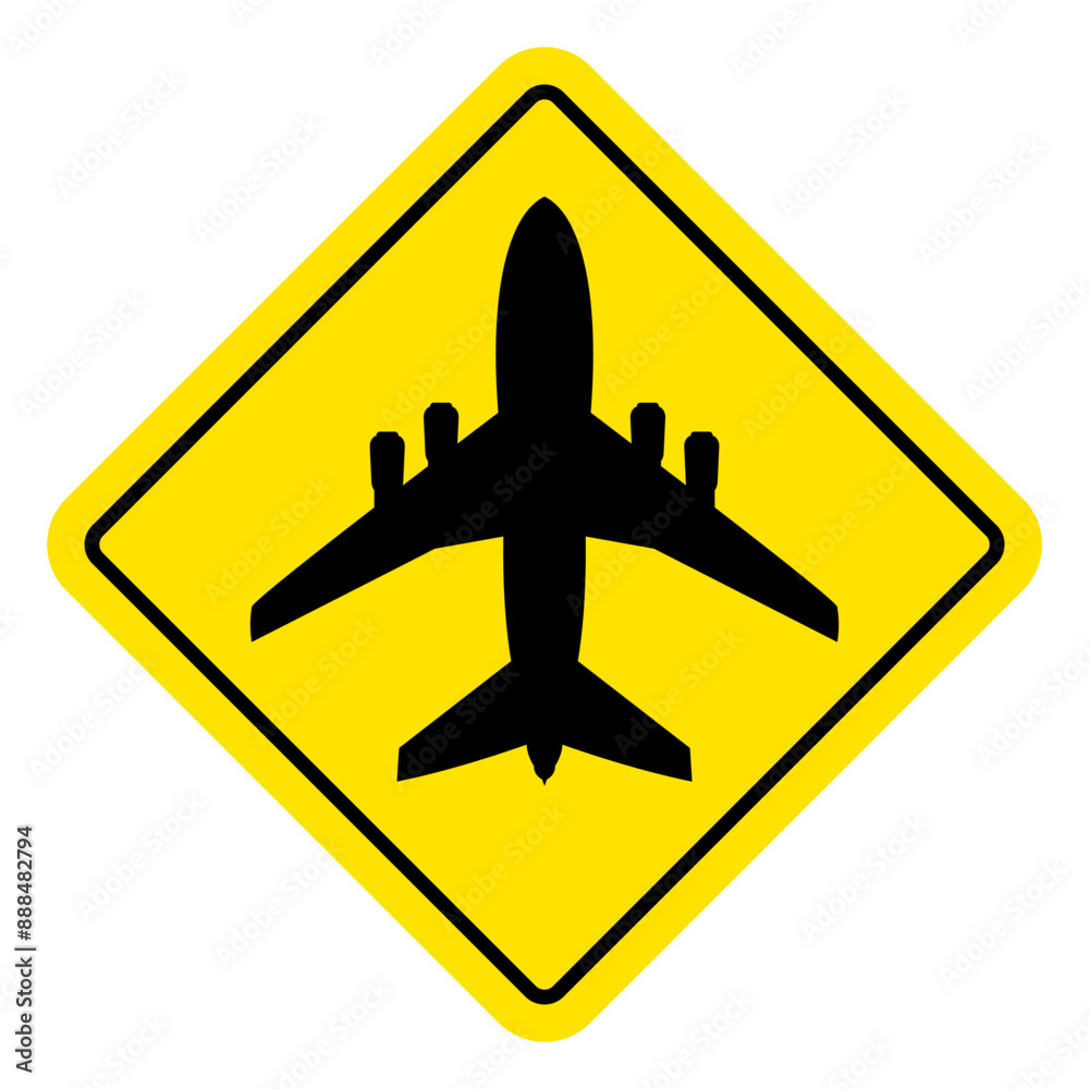 Airport. Yellow warning sign for aircraft landing and takeoff zone. Low ...
