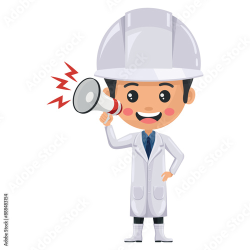 Quality control supervisor in food production line making an announcement with a megaphone. The importance of clear and effective communication in food industry. Food industry engineer