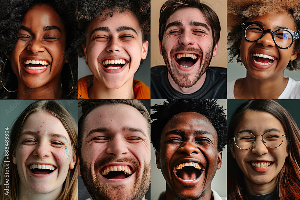 A group of people with different skin tones are smiling and laughing A group of people with different skin tones are smiling and laughing