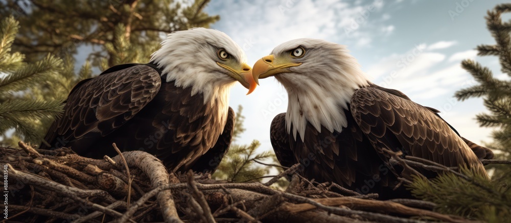 Fototapeta premium Bald Eagles in a Nest, Facing Each Other
