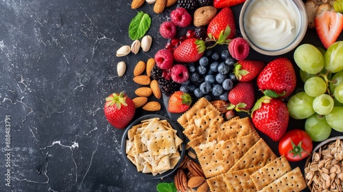 Top view of a wholesome snack platter with an assortment of fresh fruits, nuts, and whole grain crackers, showcasing a nutritious and balanced option