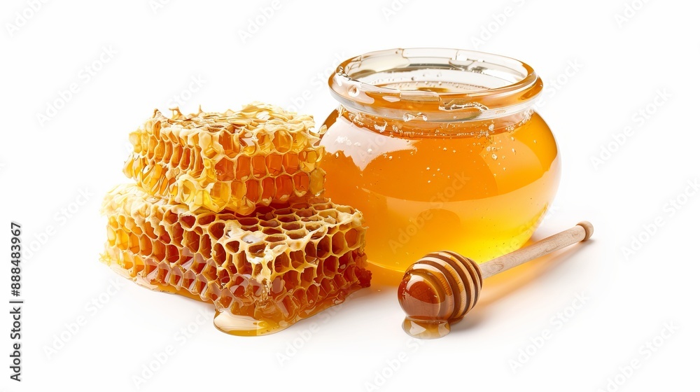 Glass pot filled with honey honeycombs and a sweet sticky honey puddle isolated on white Glass pot filled with honey honeycombs and a sweet sticky honey puddle isolated on white