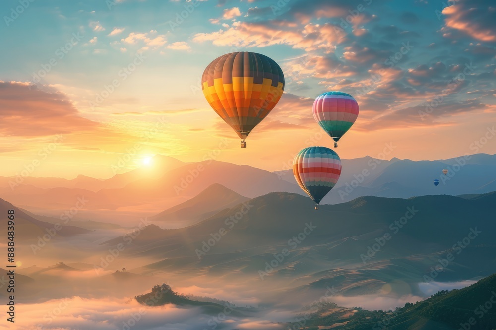 Naklejka premium Sunrise Hot Air Balloons Soaring Over Misty Mountains