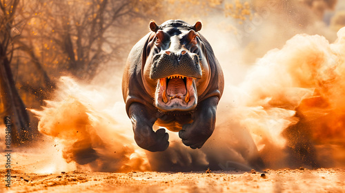 Fierce and Aggressive Hippopotamus Charging with Open Mouth on Dusty Road in Smoky Landscape  Powerful Animal Attacking in Nature Environment photo