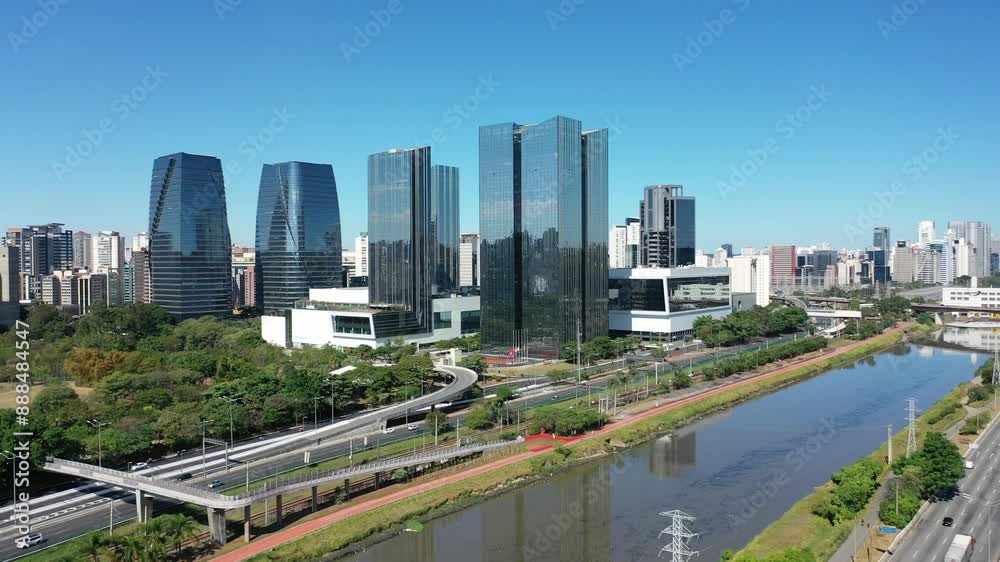 Marginal Pinheiros Road At Sao Paulo Brazil. Breathtaking Aerial View Of Busy Traffic In A Freeway Road. Town Sky Backgrounds Urban. Town Panorama. Sao Paulo Brazil.
