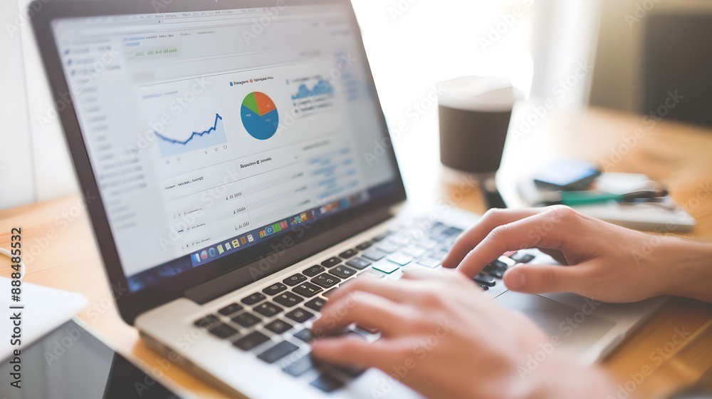 Person working on laptop with financial data Person working on laptop with financial data