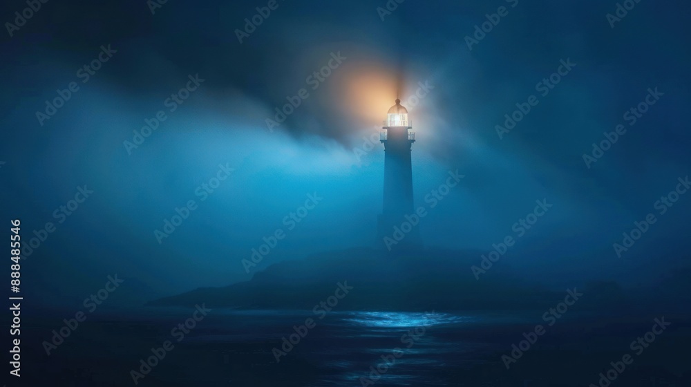 Lighthouse sea scape in mystic fog at night Lighthouse sea scape in mystic fog at night