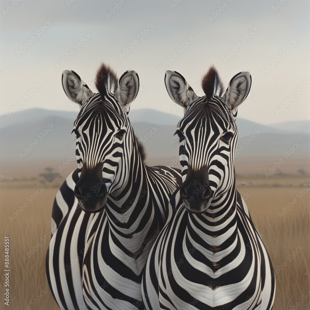 Naklejka premium Two Zebras Standing Together in African Savanna on a Cloudy Day