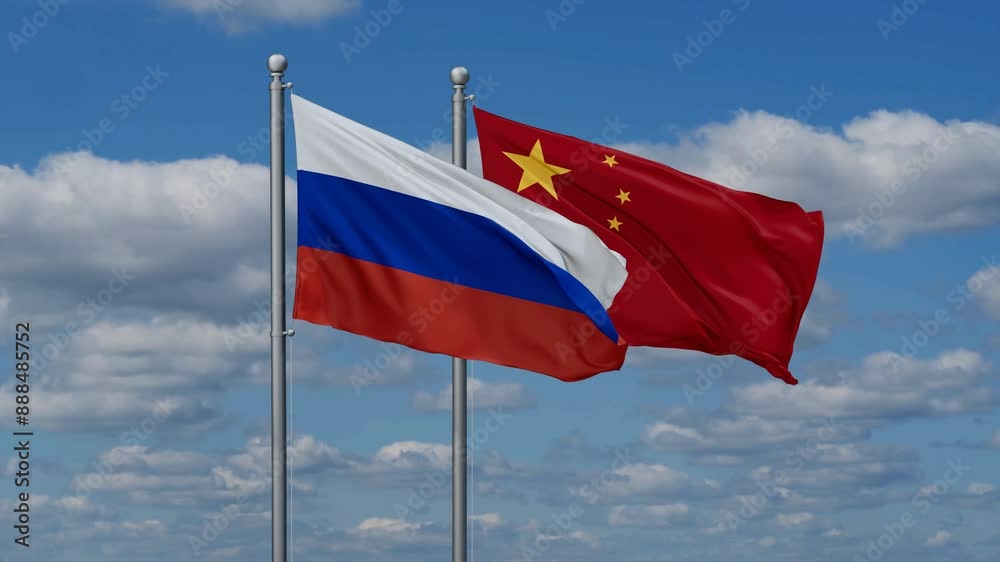 China and Russia flags flying together, video concept of the relationship, two country relations concept China and Russia flags flying together, video concept of the relationship, two country relations concept