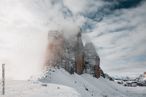 Three peaks of Lavaredo on a cloudy day, Dolomites, Italy photo