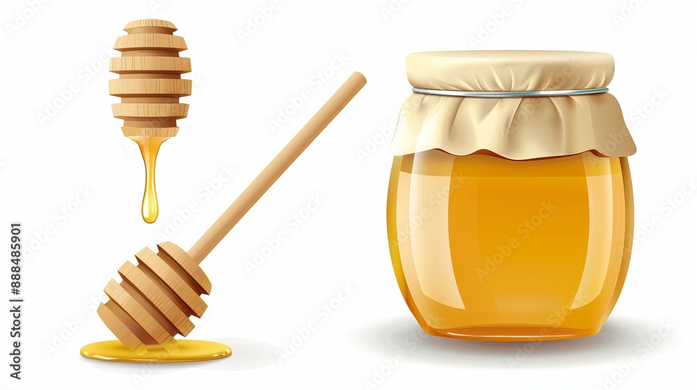 Honey pot and dipper isolated on a white background as a design element for packaging