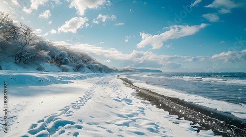 Snow-covered beach next to the ocean