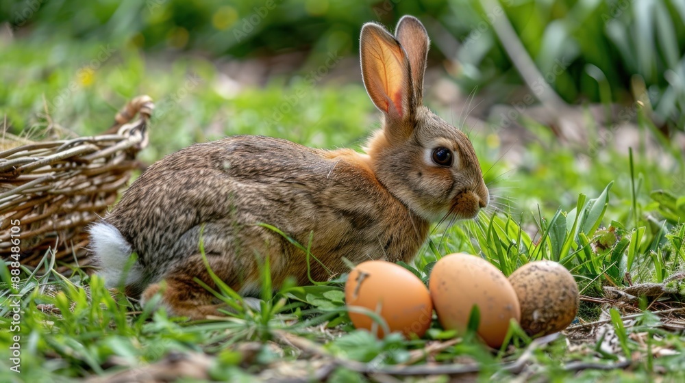 Obraz premium Easter bunny and Easter eggs on green grass field spring meadow