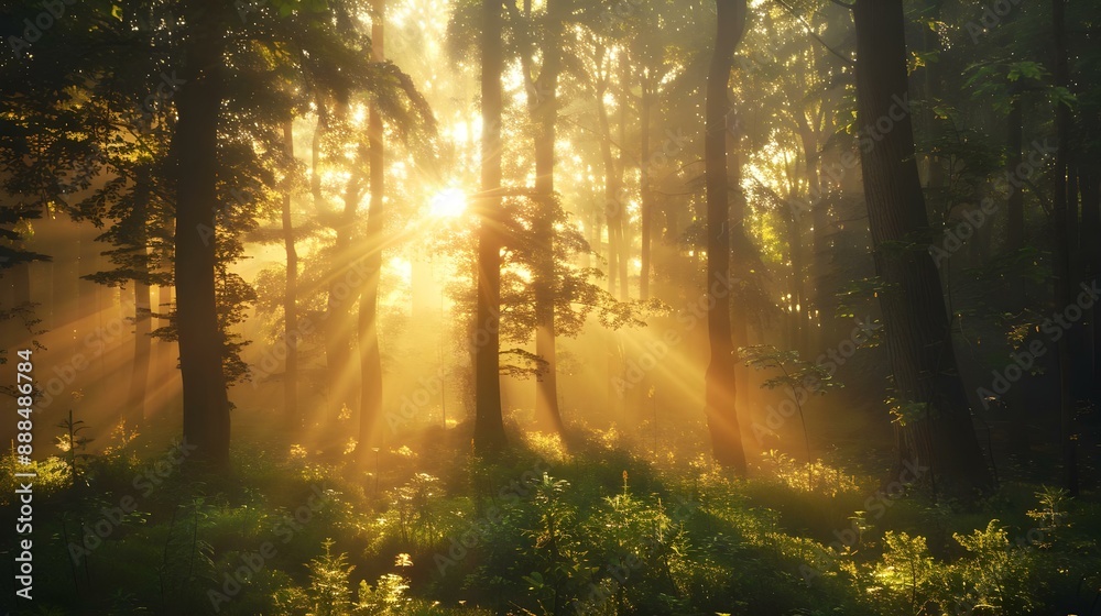 Fototapeta premium Dramatic Woodland Scene with Shafts of Light