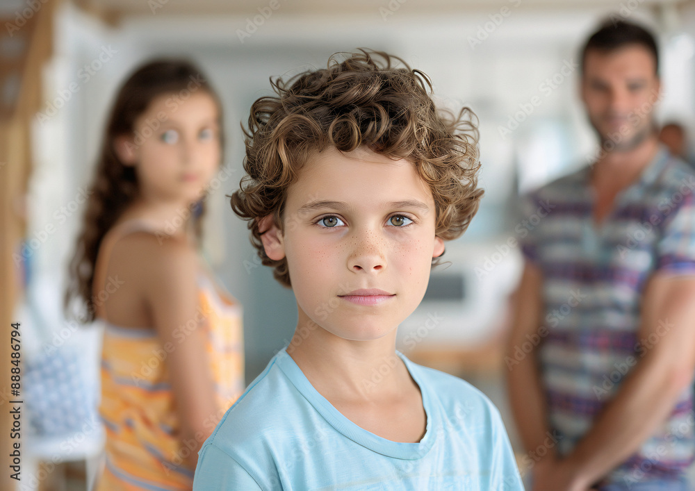 Confident Boy Standing with Family Indoors on a Casual Daytime Gathering Confident Boy Standing with Family Indoors on a Casual Daytime Gathering