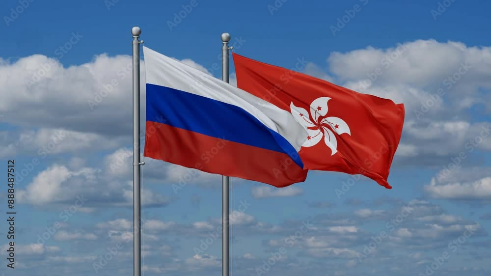 Hong Kong and Russia flags flying together, video concept of the relationship, two country relations concept Hong Kong and Russia flags flying together, video concept of the relationship, two country relations concept
