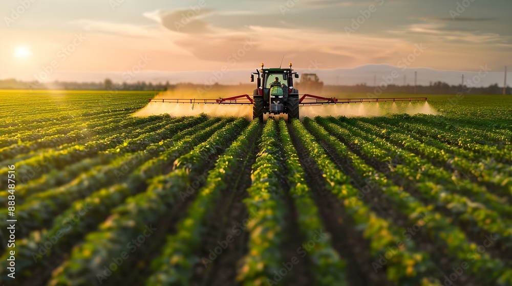 Tractor spraying soybean field at sunset Tractor spraying soybean field at sunset