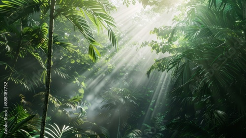 Dense jungle with rays of light filtering through the trees generative ai © ThisDesign