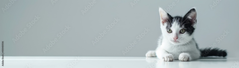Obraz premium Adorable black and white kitten lying on white surface. Close-up of playful and curious cat. Perfect for pet and animal themes.