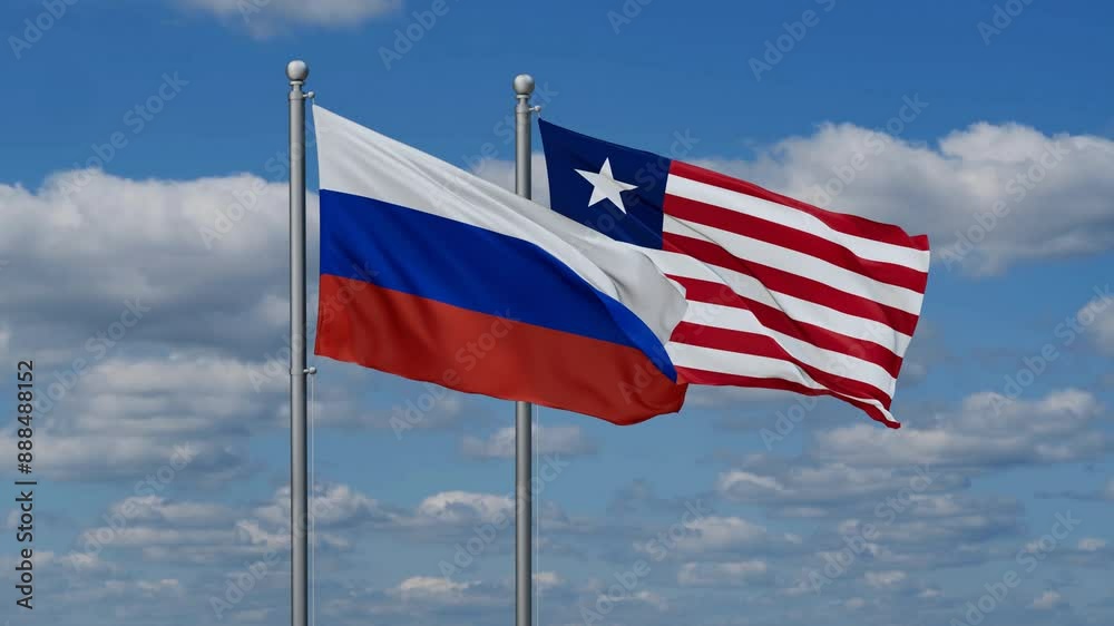 Liberia and Russia flags flying together, video concept of the relationship, two country cooperation concept Liberia and Russia flags flying together, video concept of the relationship, two country cooperation concept