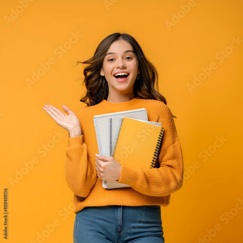 Estudiante con cuadernos alegre y colores amarillos