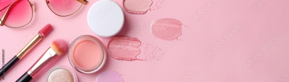 Aesthetic flat lay of professional makeup products on a pink background. Includes blush, brushes, and eyeshadows. Perfect for beauty and cosmetics themes. Aesthetic flat lay of professional makeup products on a pink background. Includes blush, brushes, and eyeshadows. Perfect for beauty and cosmetics themes.