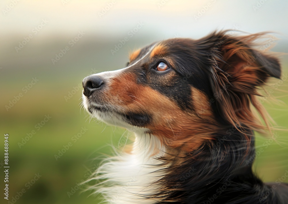 Attentive Tricolor Dog Looking Up in a Green Field on a Breezy Day Attentive Tricolor Dog Looking Up in a Green Field on a Breezy Day