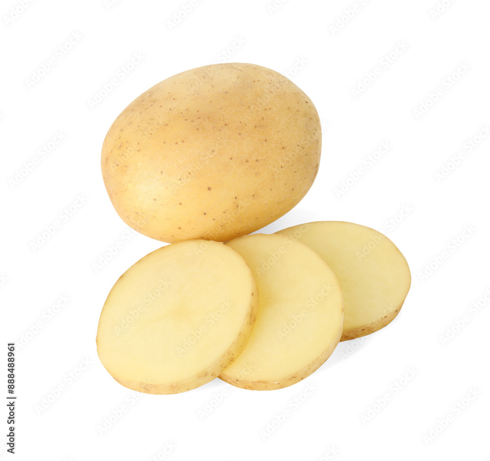Fresh whole and cut potatoes isolated on white, above view Fresh whole and cut potatoes isolated on white, above view