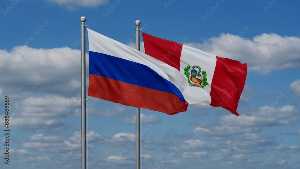 Peru and Russia flags flying together, video concept of the relationship, two country cooperation concept Peru and Russia flags flying together, video concept of the relationship, two country cooperation concept