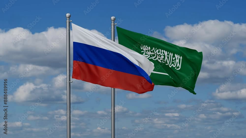 Saudi Arabia and Russia flags flying together, video concept of the relationship, two country relations concept