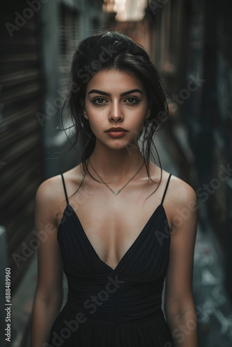 Young woman in black dress with captivating eyes stares at camera in dimly lit alleyway, exuding mystery and elegance