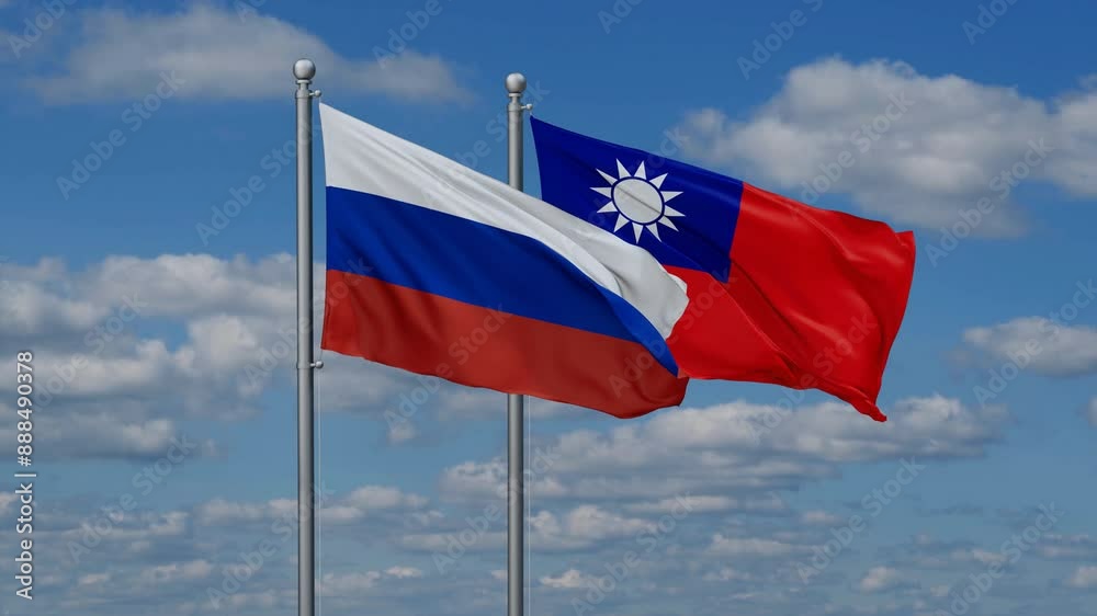 Taiwan and Russia flags flying together, video concept of the relationship, two country cooperation concept Taiwan and Russia flags flying together, video concept of the relationship, two country cooperation concept