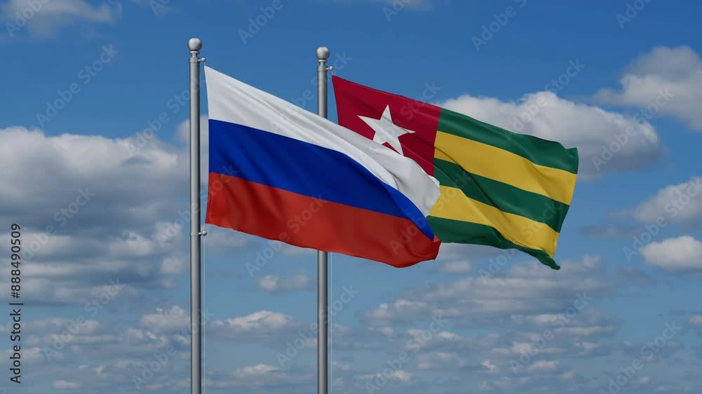 Togo, Togolese Republic and Russia flags flying together, video concept of the relationship, two country cooperation concept Togo, Togolese Republic and Russia flags flying together, video concept of the relationship, two country cooperation concept