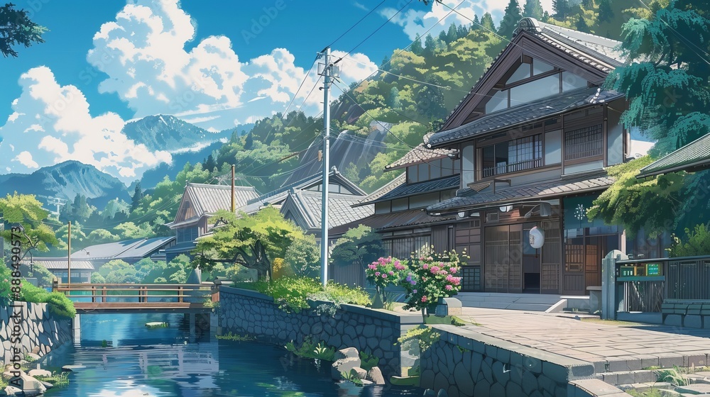 Traditional Japanese style homes stand along a clear, flowing stream on a sunny day, with lush greenery and mountains providing a scenic backdrop. Traditional Japanese style homes stand along a clear, flowing stream on a sunny day, with lush greenery and mountains providing a scenic backdrop.