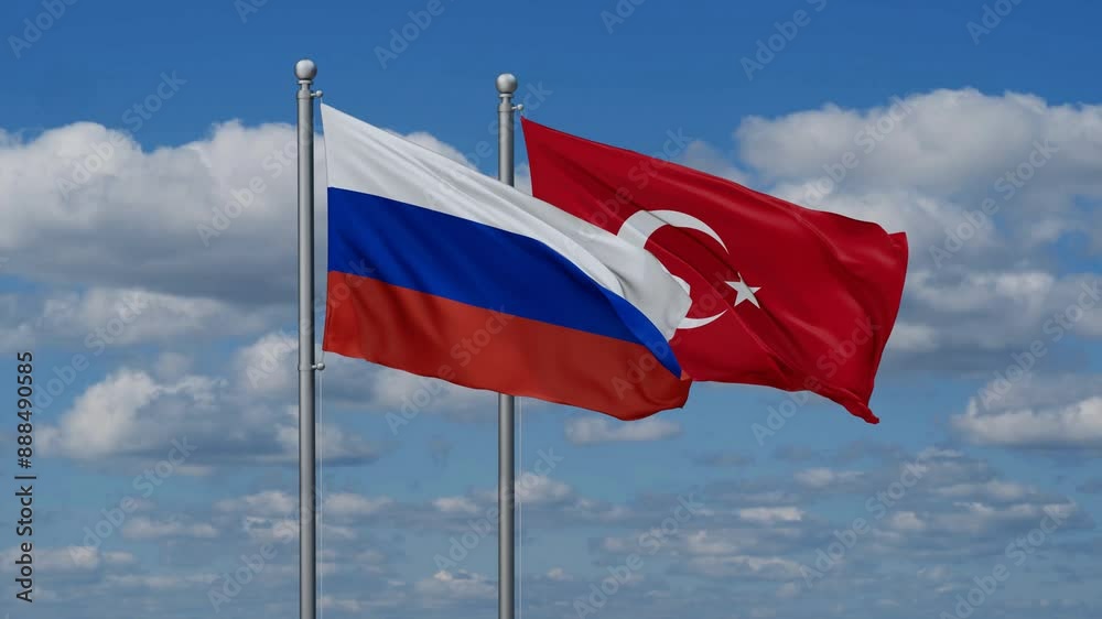 Republic of Turkey and Russia flags flying together, video concept of the relationship, two country cooperation concept Republic of Turkey and Russia flags flying together, video concept of the relationship, two country cooperation concept