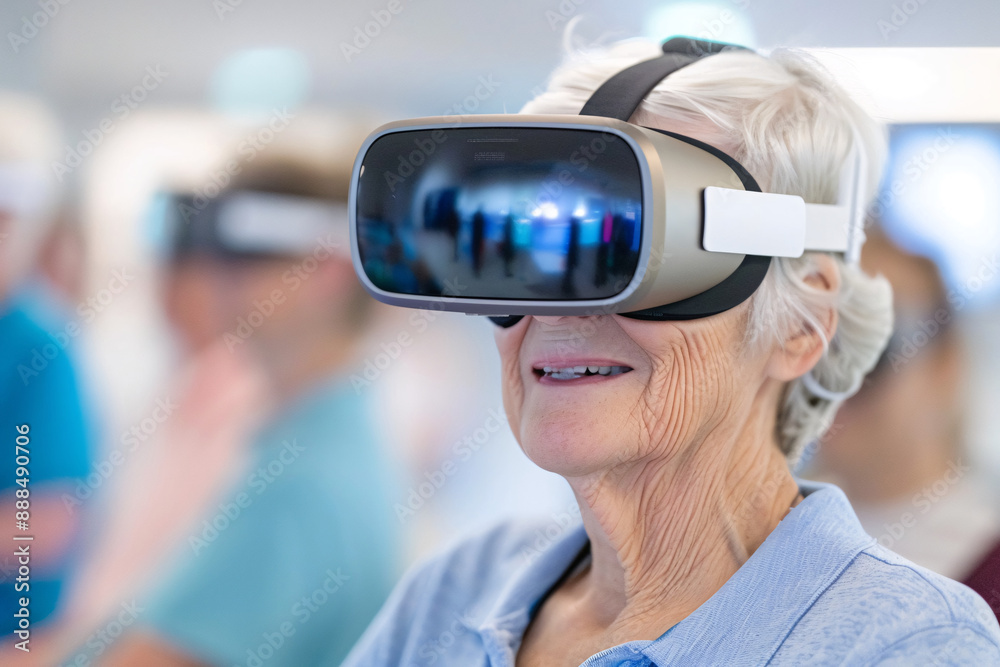 Senior woman experiencing virtual reality with VR headset in a group Senior woman experiencing virtual reality with VR headset in a group