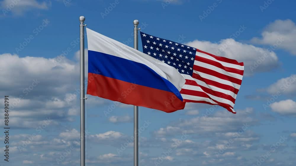 USA and Russia flags flying together, video concept of the relationship, two country cooperation concept USA and Russia flags flying together, video concept of the relationship, two country cooperation concept