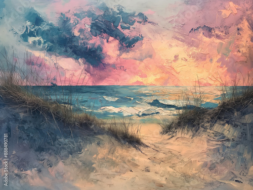 Stunning Sunset Over Beach Dunes with Dramatic Sky and Ocean Waves Creating a Serene and Colorful Coastal Landscape Painting
