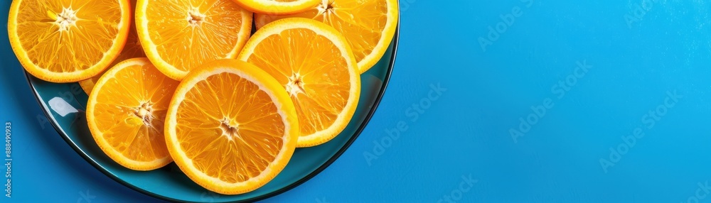 A vibrant blue background with a plate of fresh orange slices, showcasing a colorful and healthy fruit arrangement.